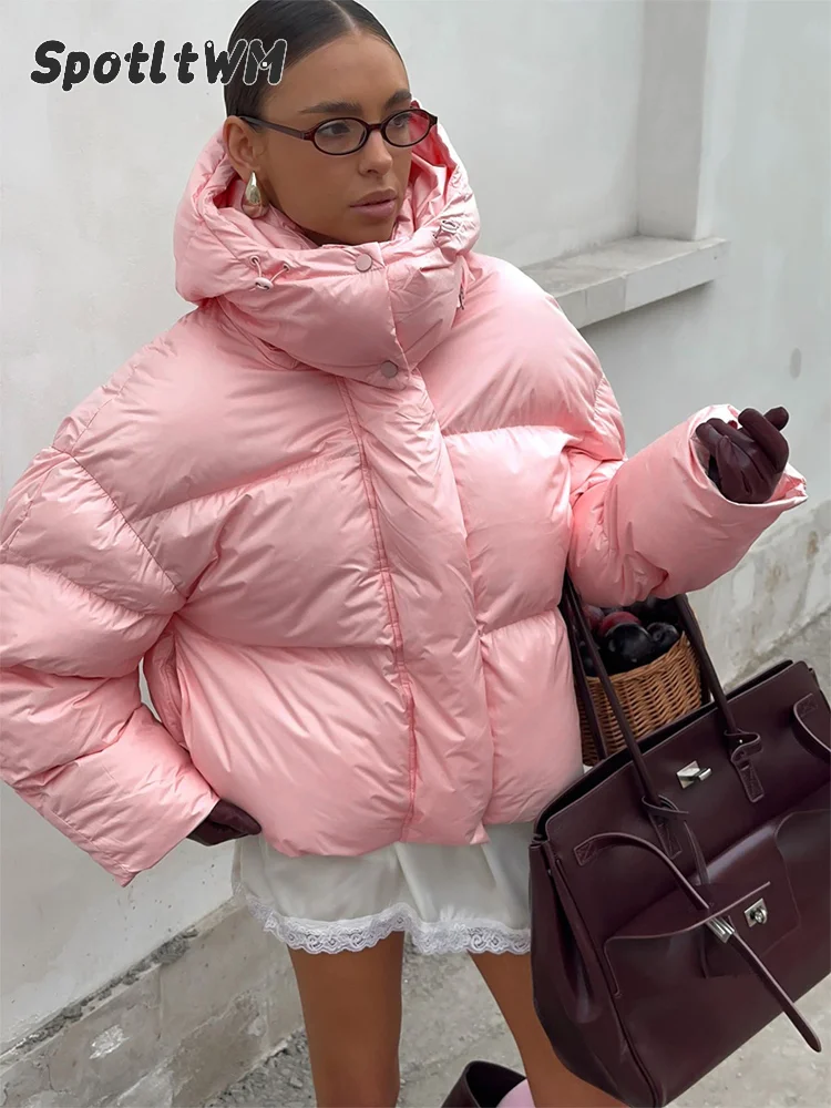 Women Solid Hooded Puffer Jacket Oversized Loose Long Sleeve Zipper Solid Color Female Warm Winter Casual Windproof Outerwear