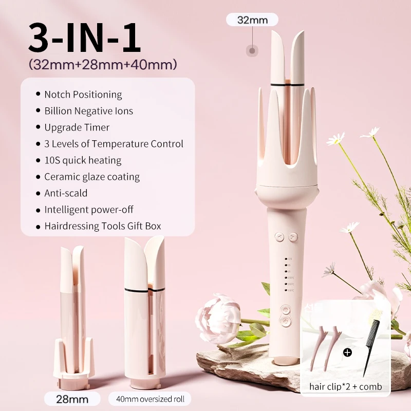 Automatic Curling Iron 3 in 1 Negative Ion Hair Curler Interchangeable Barrels Auto Rotation 3 Heat Settings Salon Styler