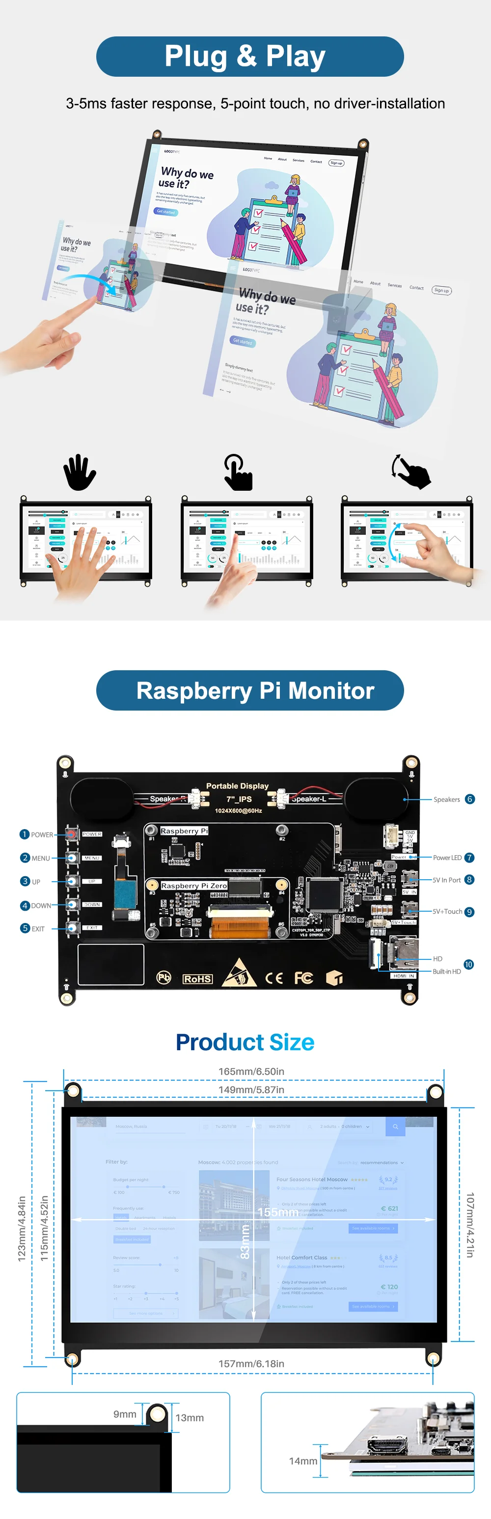 Raspberry Pi 5 7/8 Inch Screen, IPS TFT LCD HDMI Display Touch Screen Monitor 1024*600 1920*1200 HDMI Speaker for DIY Student
