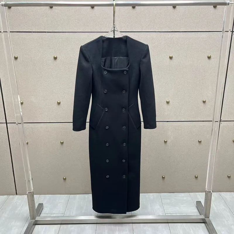 

Женское двубортное длинное пальто из шерстяной смеси, приталенное пальто из шерстяного твида, высококачественная повседневная куртка, осень, новинка, 2025