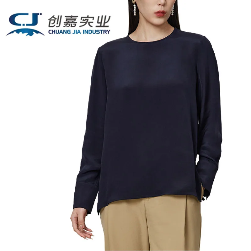 High-end Silk Ladies Spring and Summer Long Sleeve T-shirt Heavy Wrinkle Mulberry Silk Black Blouse Simple Casual Large Size 3XL