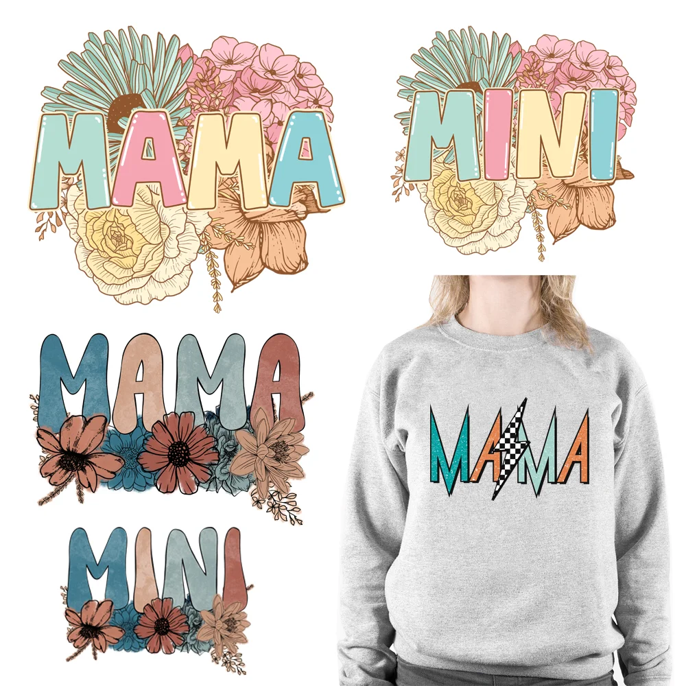 Mama Mini Family Design Flower Decals Iron On DTF Boy Girl Mom Matching Transfers Stickers Ready To Press For T-shirts