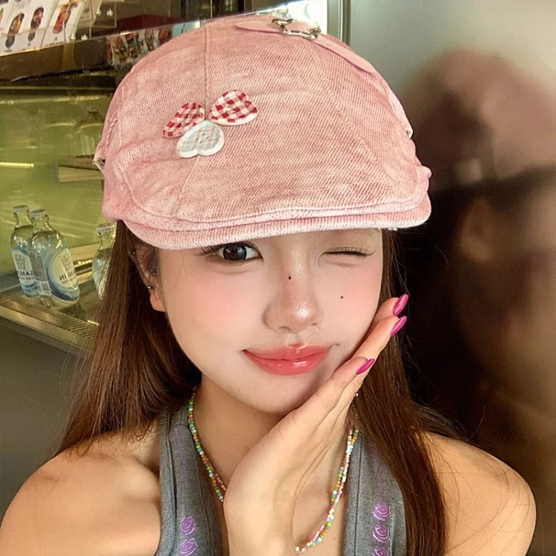 

Personalized Love Button Design Tie-dye Pink Berets Cap Y2K Spring Summer Fashion Versatile Retro Literary Forward Hats Women