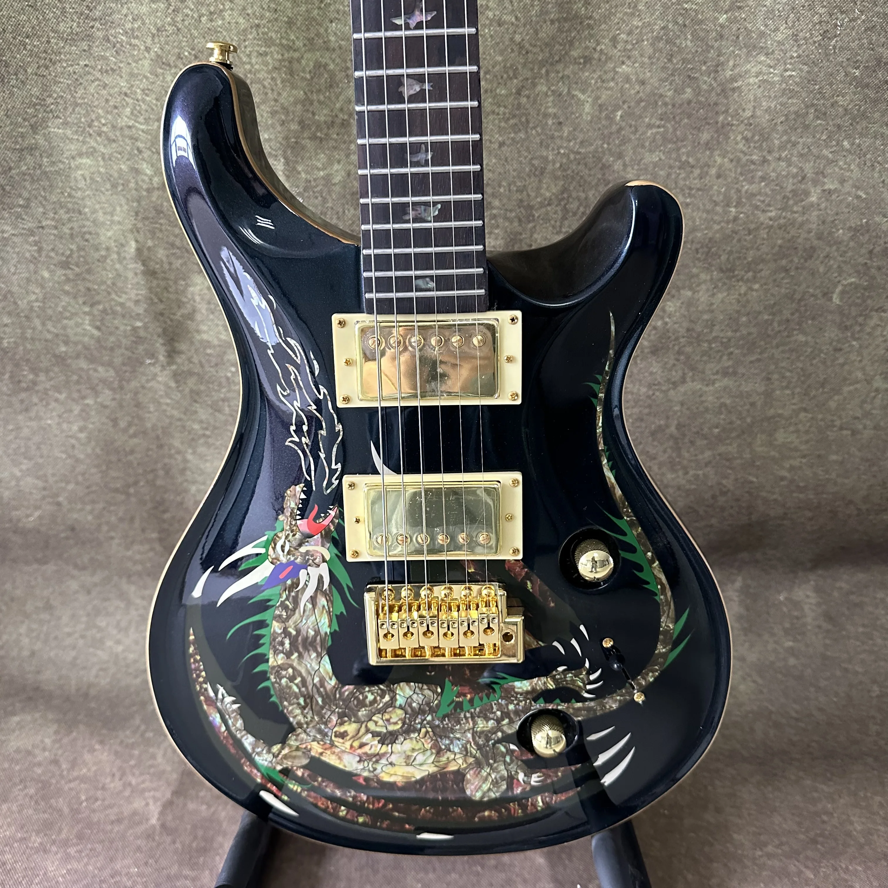 Dragon Inlay Style Electric Guitar Gradient Color Gloss Body Gold Hardware Abalone Shell Dragon Art 6 String Electric Guitar