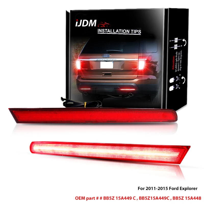 iJDM Car Red LED Bumper Reflector Lights For 2011-2015 Ford Explorer (Pre-LCI),Function as Tail,Rear Fog Lights,Brake Lamps 12V