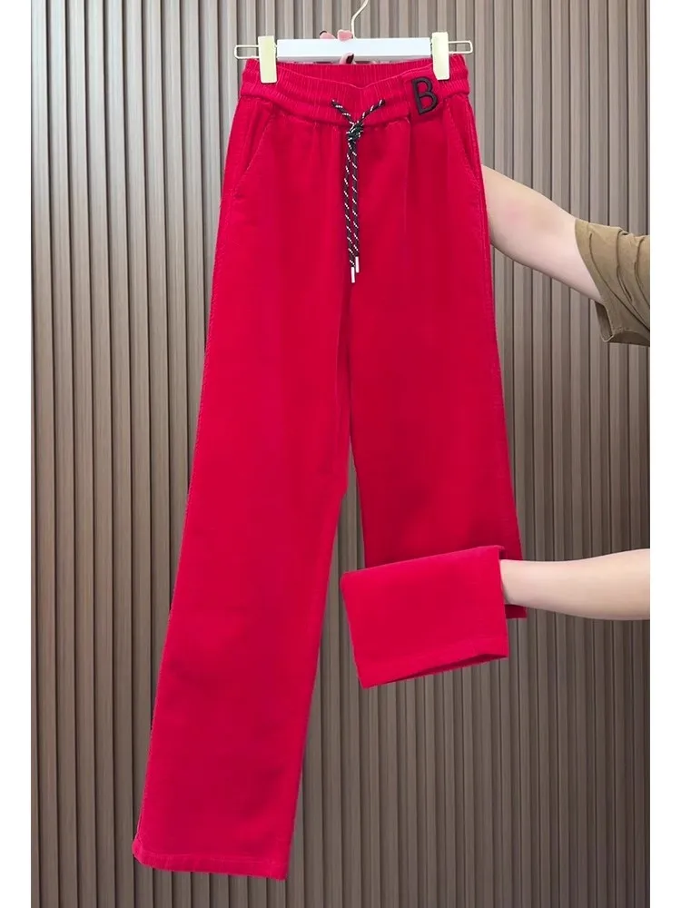 Zimowe sztruksowe spodnie z szerokimi nogawkami damskie nowe luźne sznurowane proste spodnie dresowe modne Y2k wielokolorowe spodnie z wysokim stanem plus size