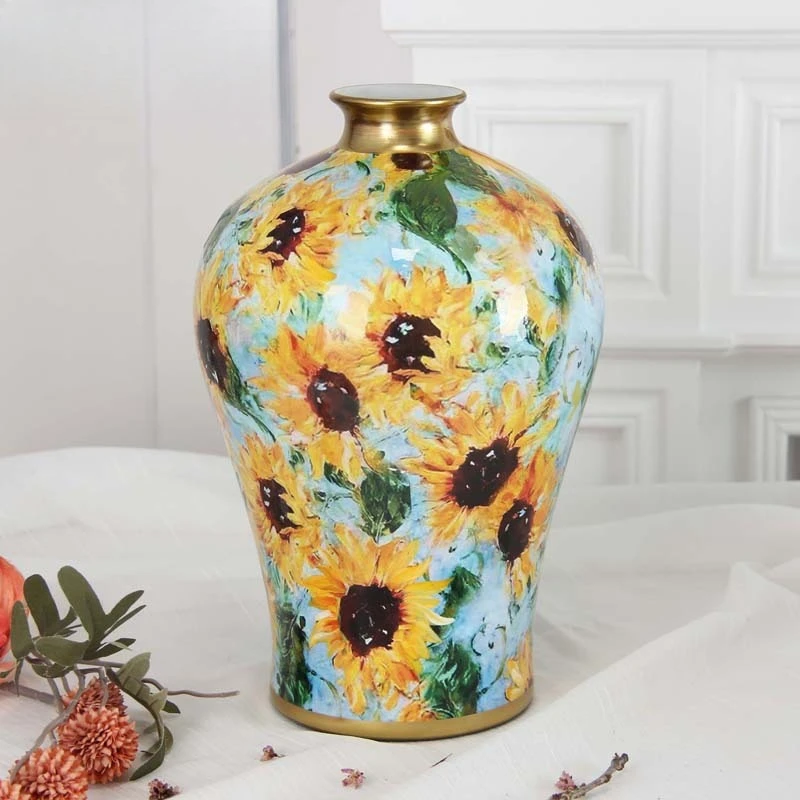 Retro pastoral enamel color tea can ceramic general jar ornament high-end large flower insert handicraft decorative art