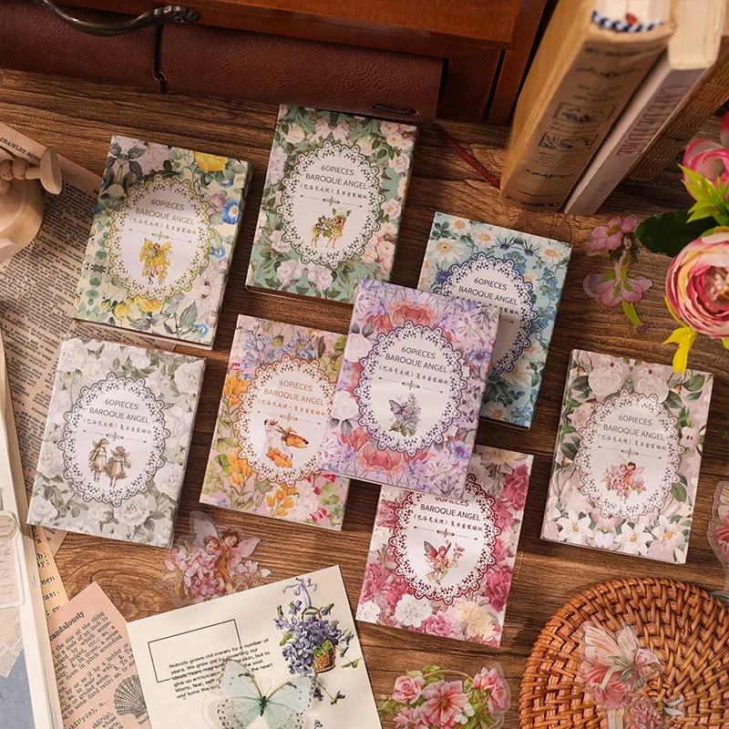 60 sztuk/paczka Scrapbooking dziennik DIY barokowy anioł motyl naklejki dla zwierząt Scrapbooking kwiat Faerie karta dziennik Vintage naklejka