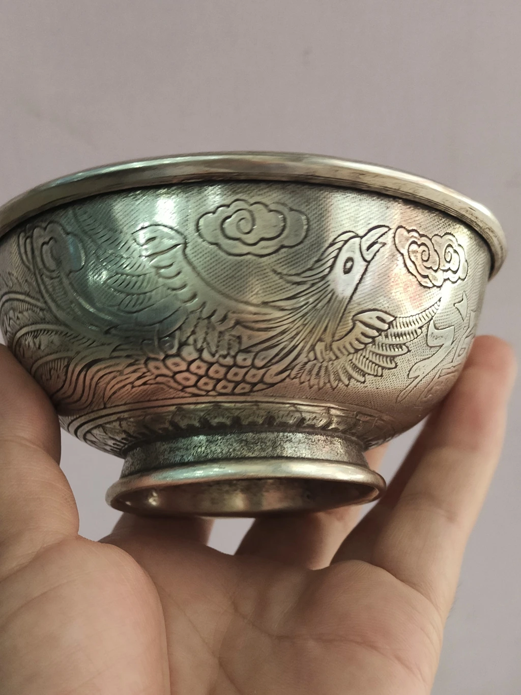 

Retro white copper silver-plated dragon and phoenix fortune bowl prop, tea bowl, home handicrafts and ornaments, China