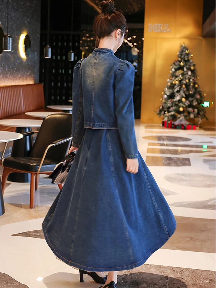 LANMREM Fashion Denim 2 Pieces Set Women Single Breasted Long Sleeves Short Coat High Waist A-line Skirt 2023 Autumn New 2AA2096