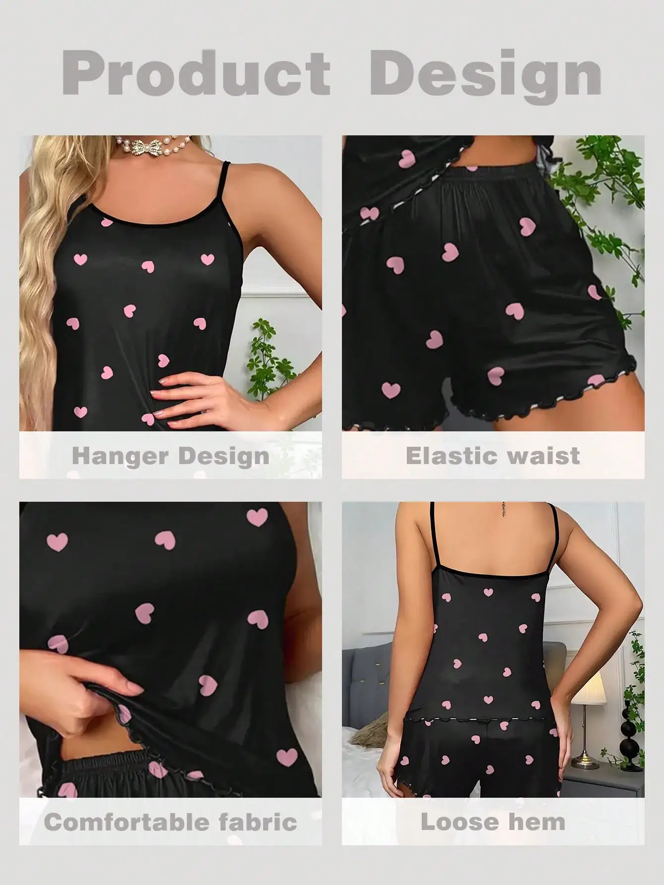 Women Pajamas Sleepwear Pajama 2pcs Set Camisole Shorts Love Print Scoop Neck Cami Top Backless Lettuce Trim Ice Silk Comfortabl view 4