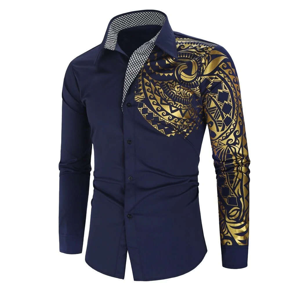 2024 spring and autumn men\'s long-sleeved shirts gold printed lapel long-sleeved tops casual temperament men\'s clothing