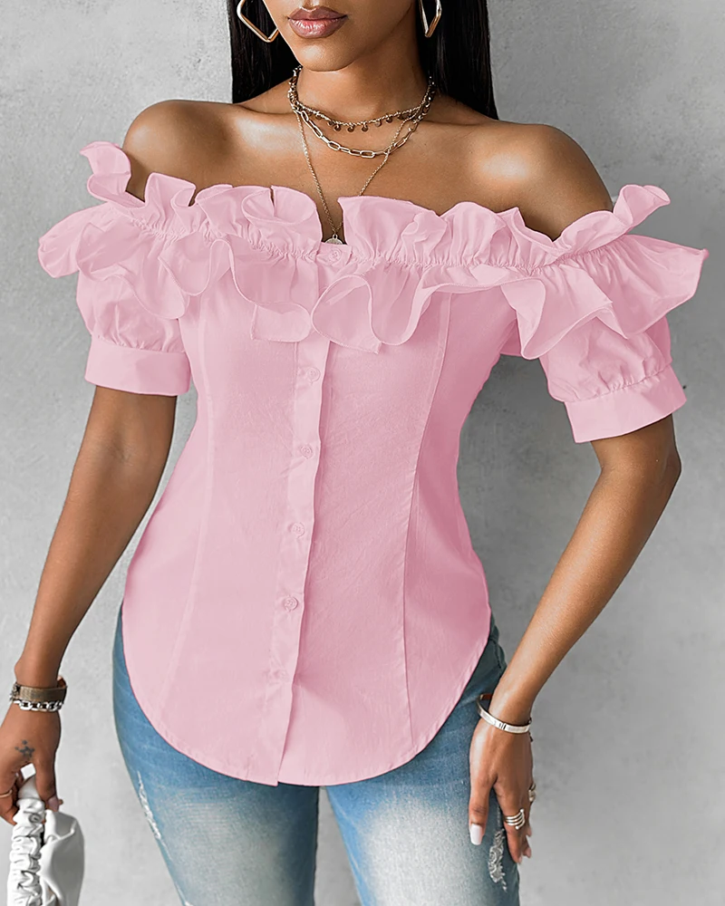 2024 Buttoned Ruffles Asymmetrical Hem Short Sleeve Blouse Women Top