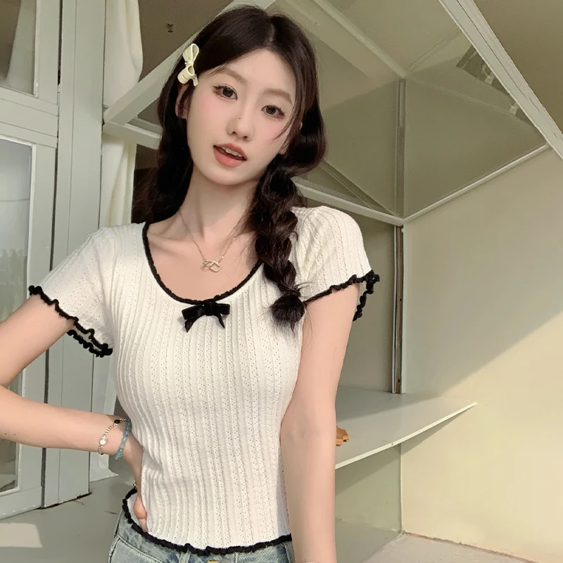 

Fashion Bow Slim Fit Pure Color Sweet Casual Knitted T-Shirt Women Summer