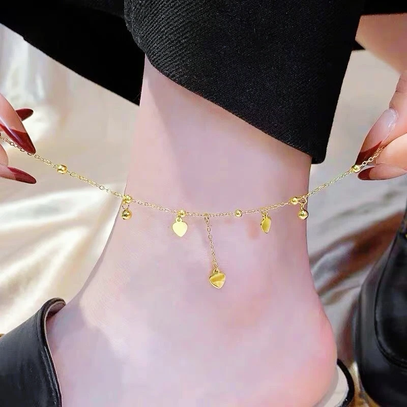 Sturdy Anti-Deformation Heart Bead Anklet For Women 24K Gold AU999 stable chain structure resisting daily pulling
