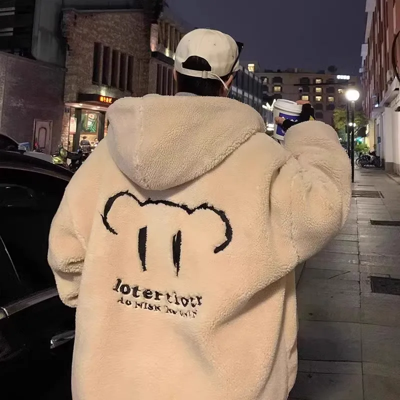 

Large Size Men's Cotton Jacket with Hood Lamb Fur Lined Thick Warm Winter Outerwear Casual Youth Style Regular Sleeve