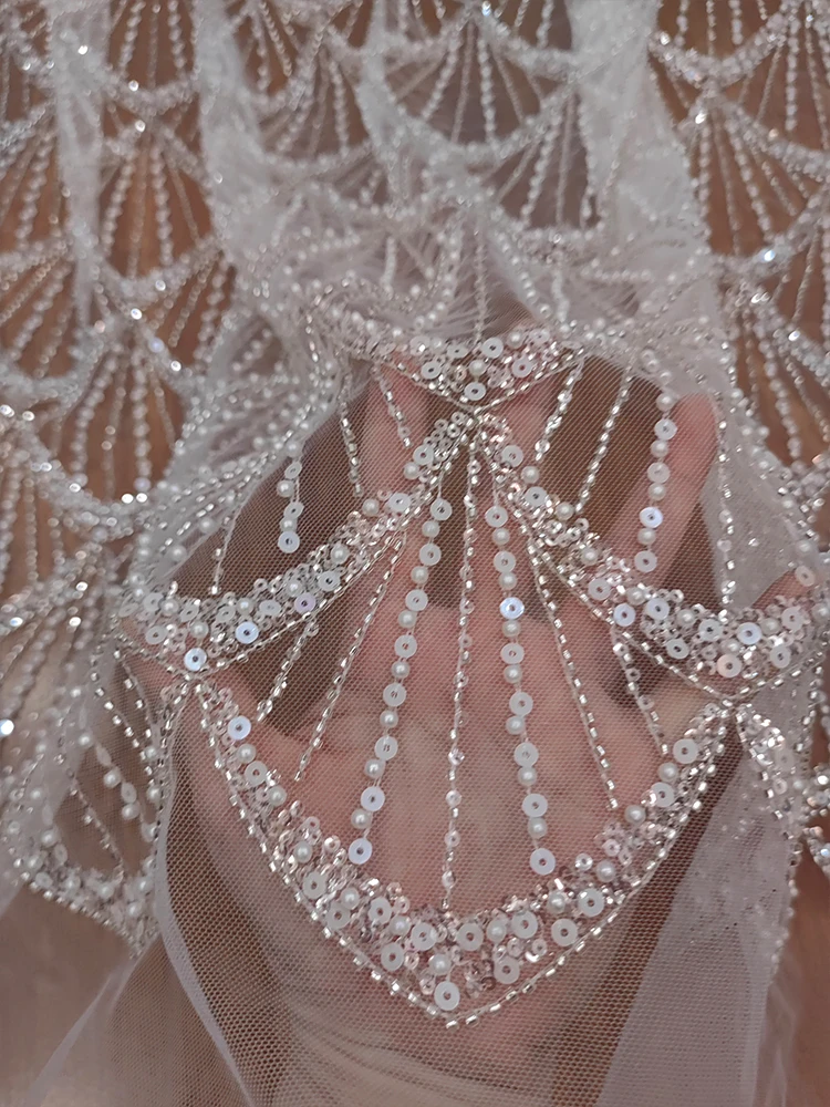 

Fish Tail Wave Style Sequin Bead Soft Lace Fabric Wedding Dress Decoration Fabric DIY Clothing Background Decoration Accessories