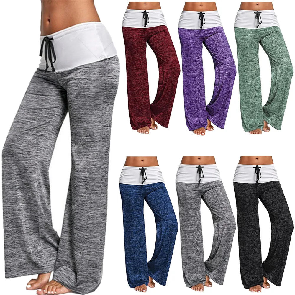 Spor السراويل واسعة الساق عالية الخصر السراويل الطويلة للنساء اليوغا السراويل مريحة الحرير الشيفون القطن محبوك السراويل عارضة