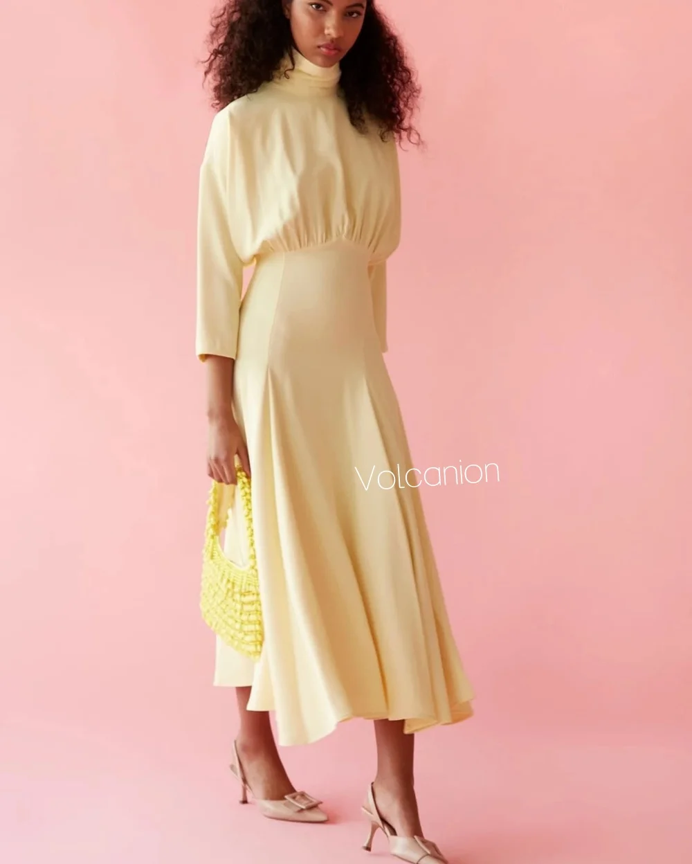 Customized Jersey Pleat A-line High Collar Midi Dresses Bespoke Occasion Casual Simple Sizes Available