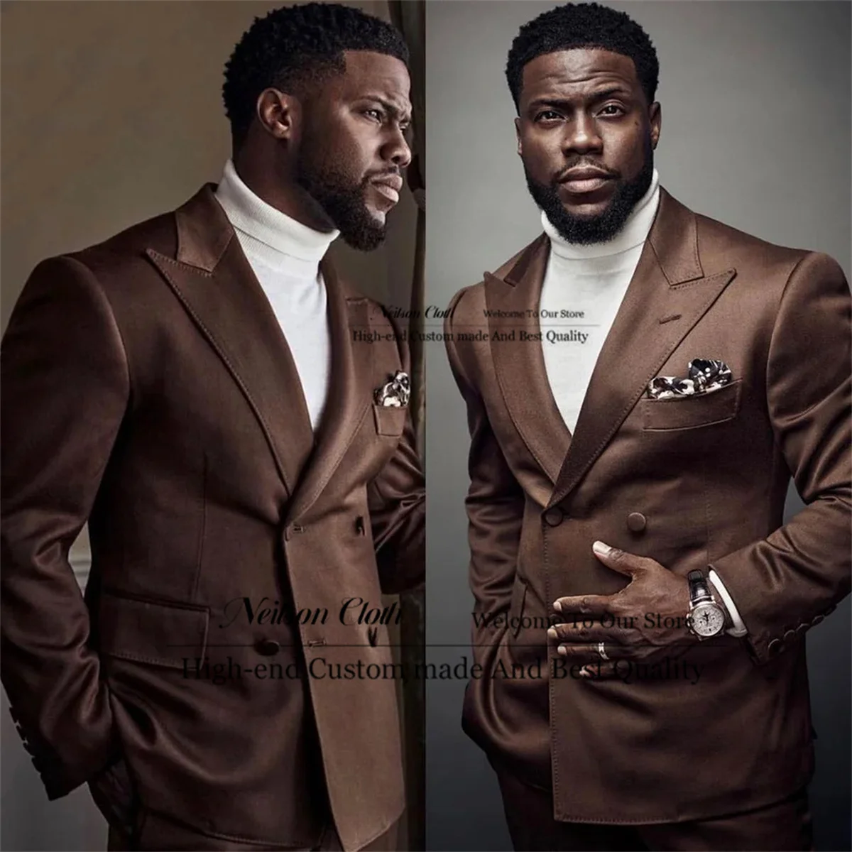 

New Peaked Lapel Male Prom Blazers Brown Groom Wedding Tuxedos 2 Pieces Sets Double Breasted Men Suits Slim Fit Terno Masculino