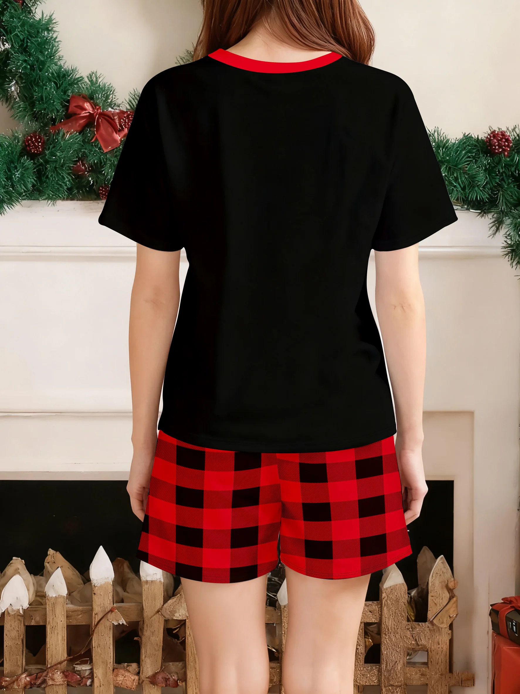 Family Christmas Pajamas Matching Parent-child Short Sleeve Shorts Black Red Plaid Christmas Crew Print Xmas Gift Men Women Kids