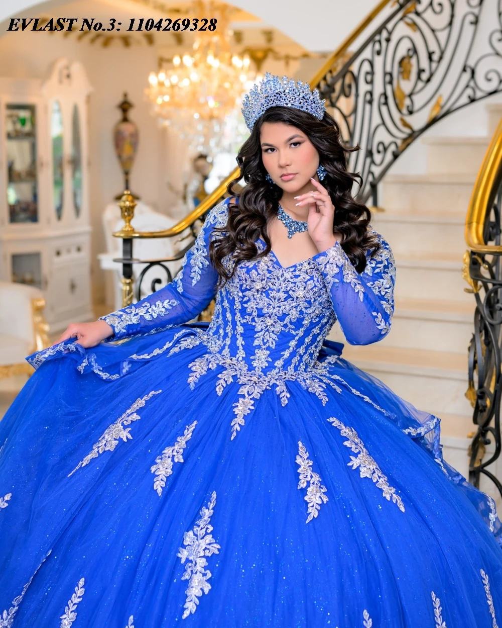 EVLAST Customized Glitter Royal Blue Quinceanera Dress Ball Gown Silver Lace Applique Beaded Sweet 16 Vestidos De 15 Anos E3Q798