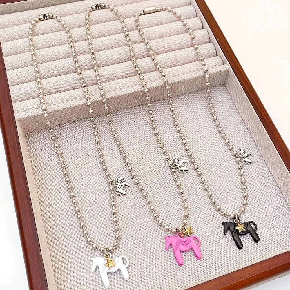 Silver Enamel Colt Horse Pendant Necklaces Alloy Funny Beads Chain Chokers Year of The Horse Classic Zodiac Animal Necklaces