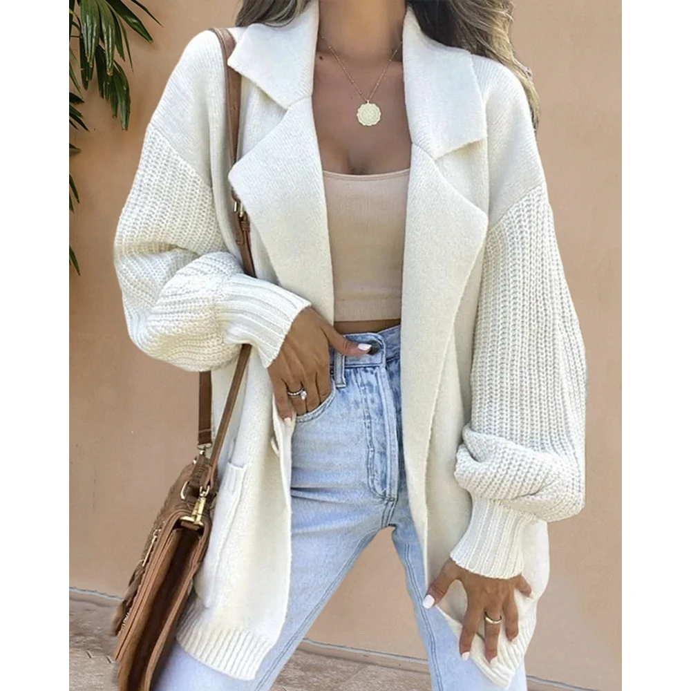 Winter Womens Casual Ribbed Knitted Stitching Nothched Coat Femme Sweet Pocket Front Single Button Blazer Jacket traf Outfits