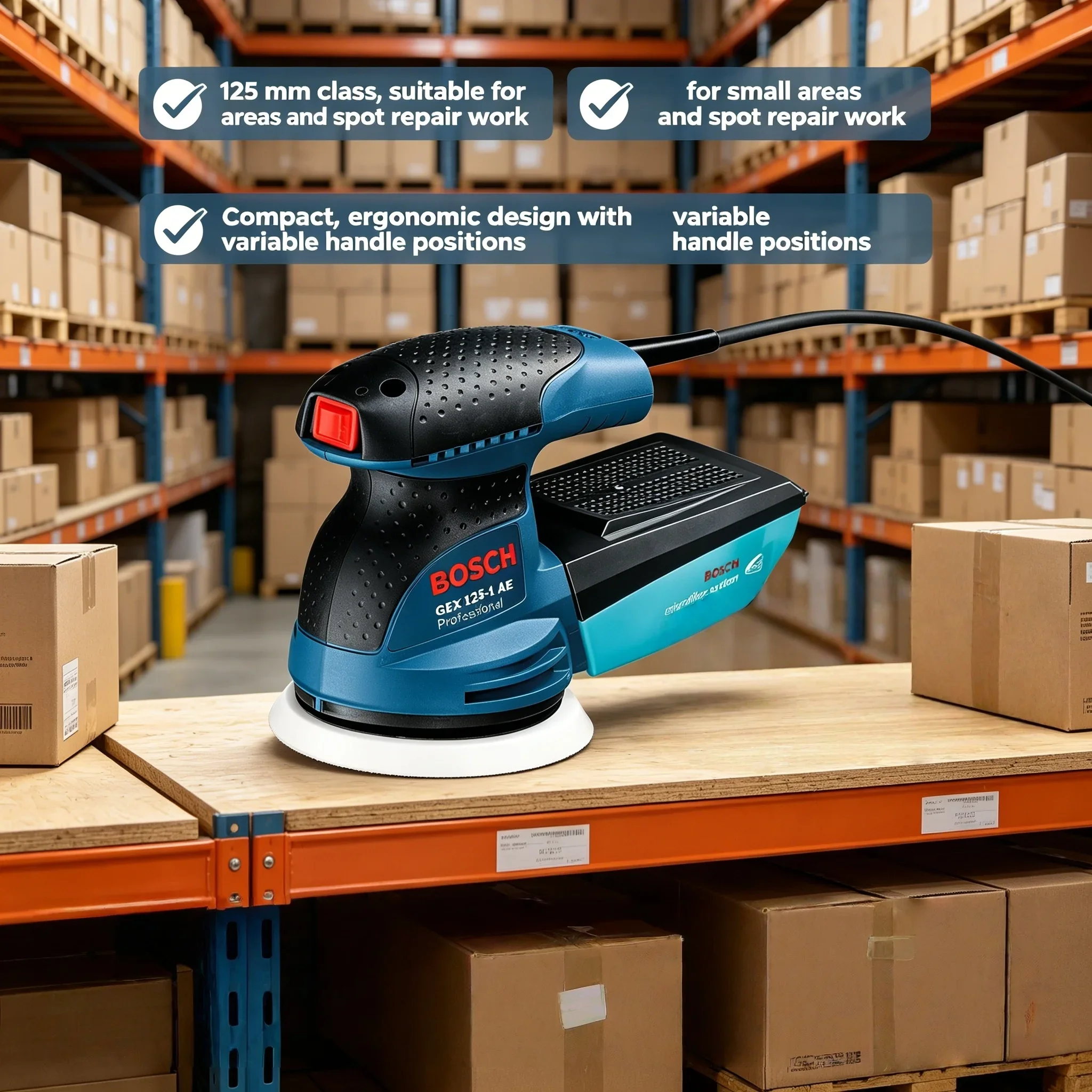 BOSCH GEX 125-1AE 220V Random Orbit Sander, 125mm Speed Adjustable Eccentric Sanding Machine Disc Grinder Power Tool