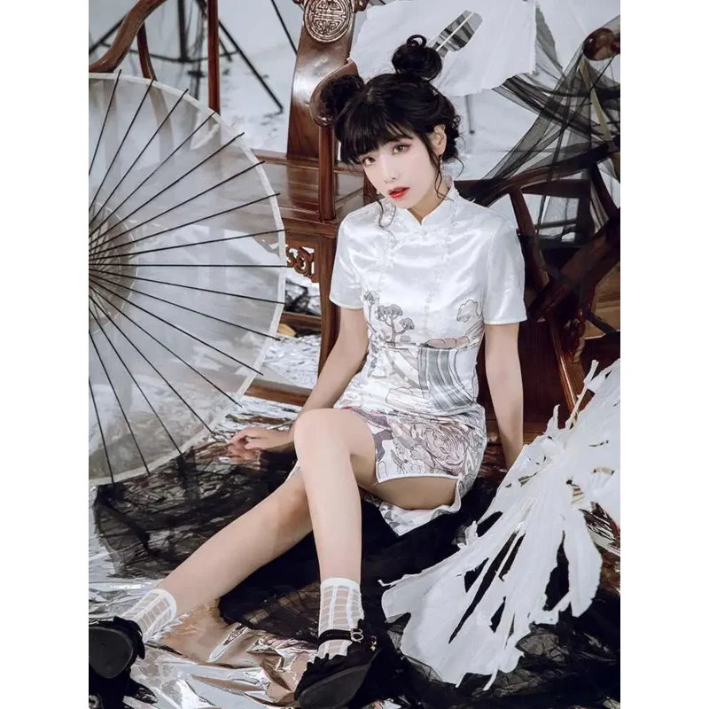 الرجعية السنة الصينية الجديدة زي نمط الطباعة فتاة شابة قصيرة تشيباو شيونغسام الربيع والصيف رقيقة الصينية التقليدية اللباس