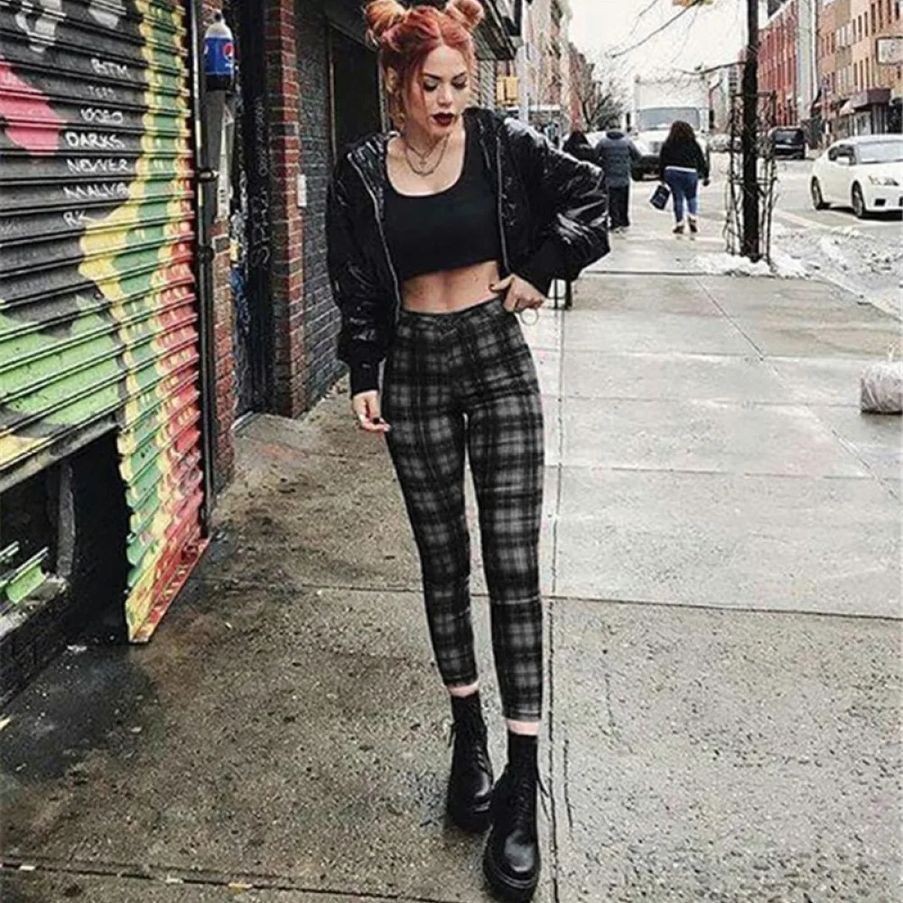 High Waist Leggings For Yiyi Fashion Printed Plaid Denim Effect Slimming Tights Ladies Stretchy Everyday Workout Pants