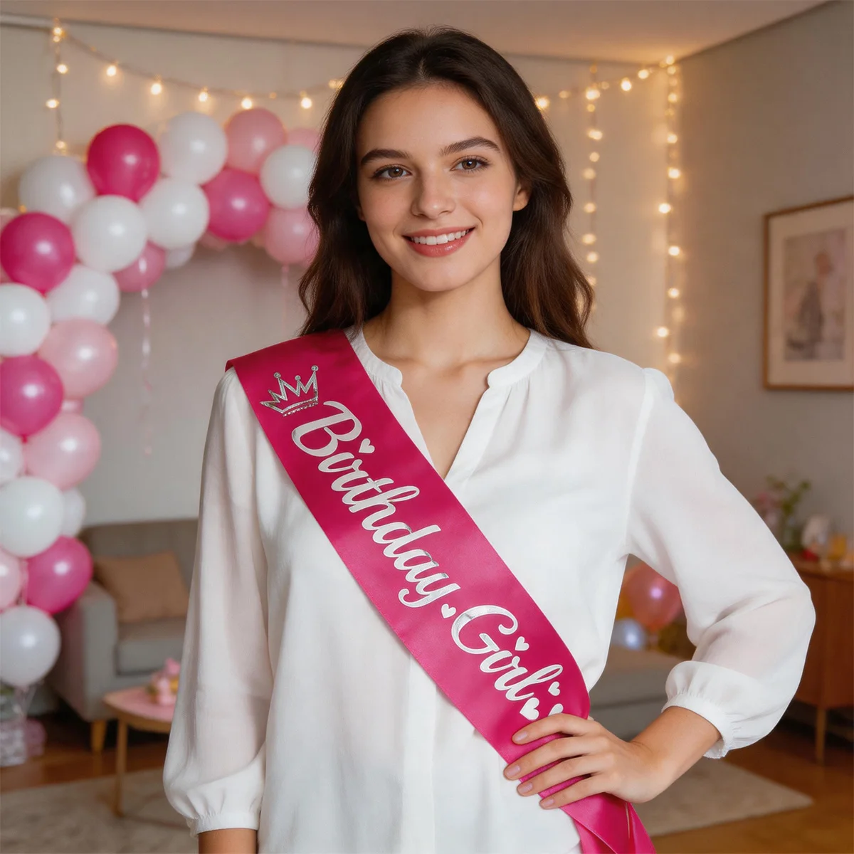 Smooth Hot Pink Satin Birthday Girl Sash with Crown Hearts Print Birthday Celebration Decor view 5