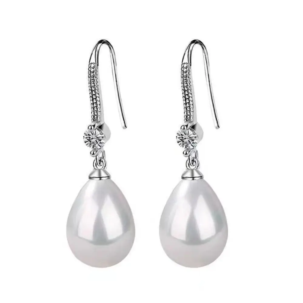 Water Drop Shape Long Earrings Shell Beads Simulation Freshwater Pearl Drop Earrings Temperament Rhinestone Ear Hook Ear Jewelry