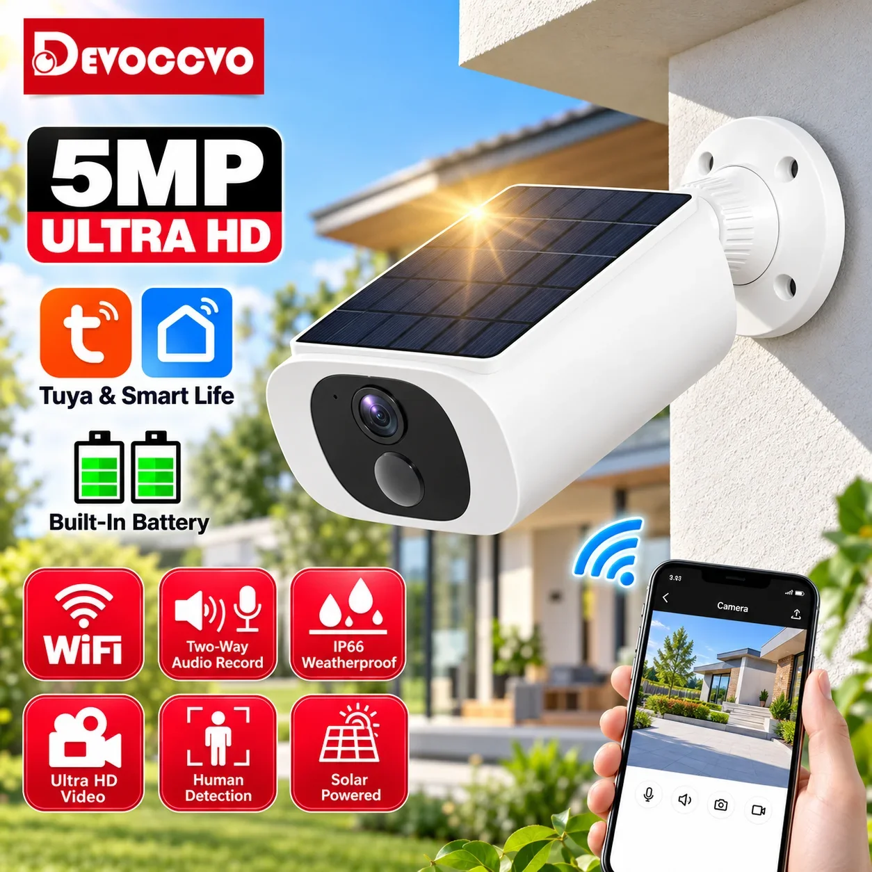Tuya FHD 2K 5MP Solar Battery WiFi Camera Outdoor Surveillance Security Camera IP66 PIR Alarm Color Night Vision CCTV IP Camera