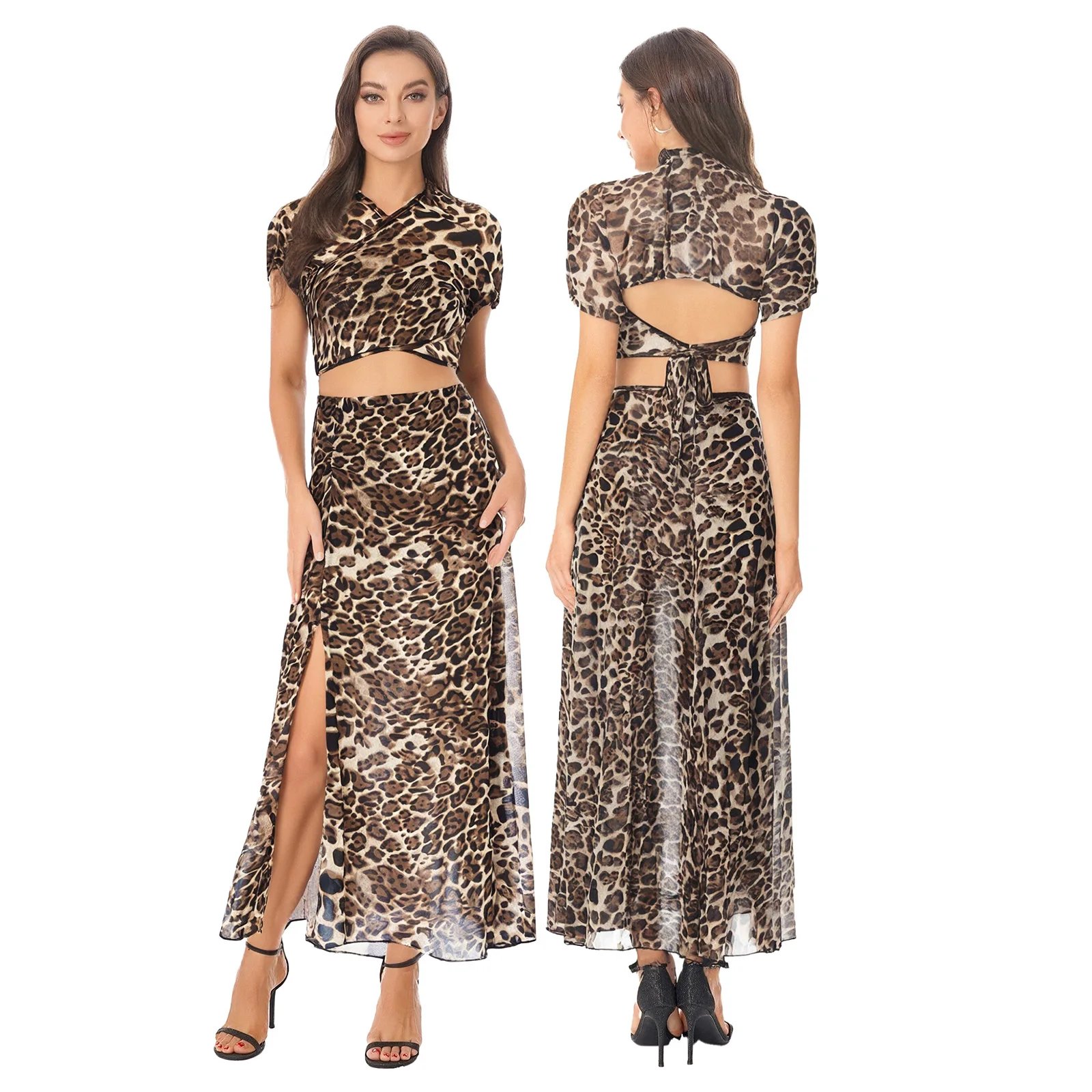 

Women Leopard Print Mesh Outfits Short Sleeve Back Tie-up Crop Top with High Split Maxi Skirt Vacation Streetwear Dance Costume