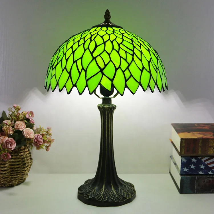 12Inch Dome AC LED Table Lamp with Green Wisteria Stained Glass Shade Home Decor Reading Light