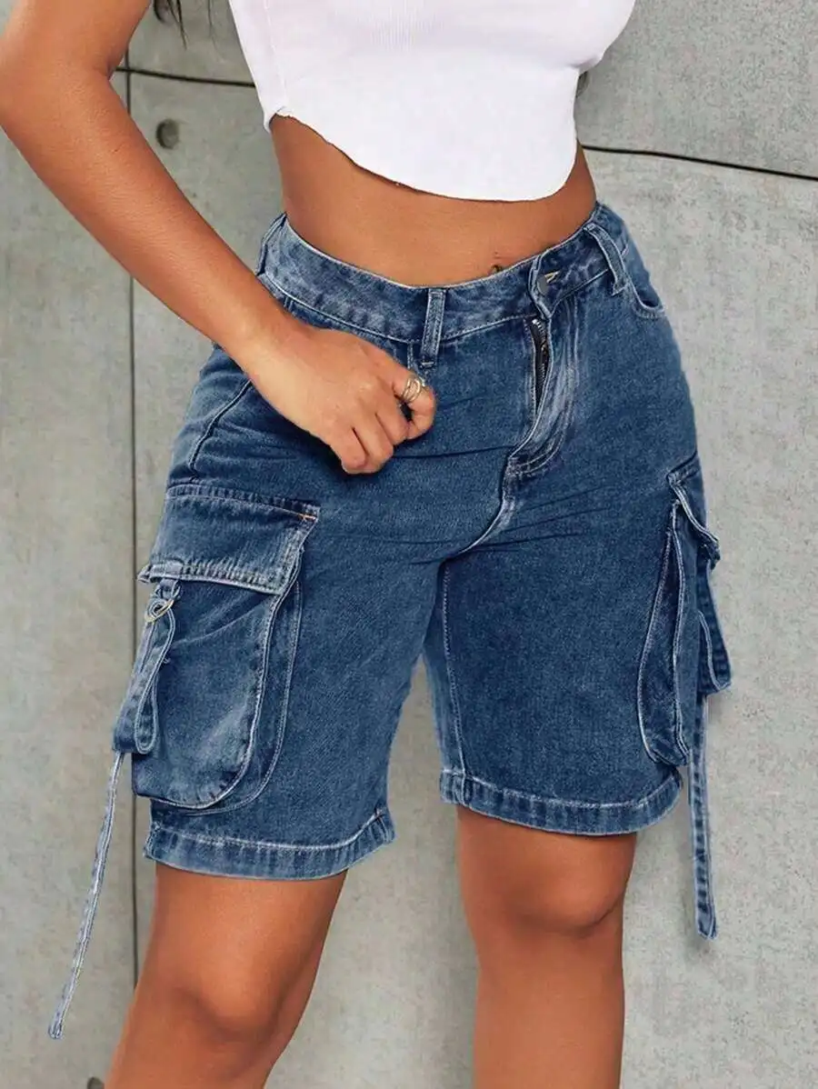 

Vintage Flap Pocket Strap Detail Cargo Denim Shorts Casual Women