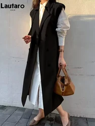 Lautaro Spring Autumn Long Khaki Sleeveless Trench Coat for Women with Belt Double Breasted Loose Casual Vest 2023 New Arrivals