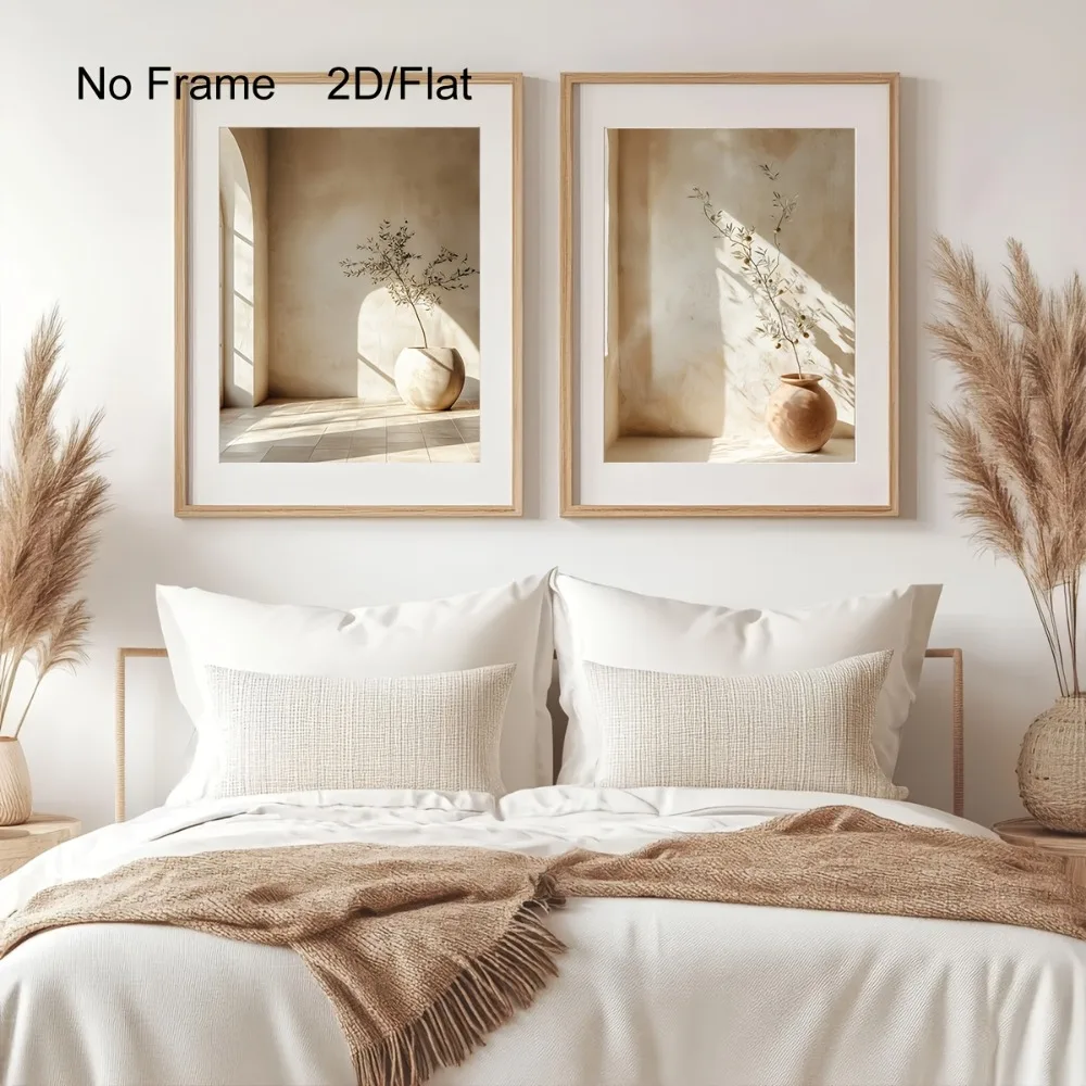 2D Flat,2pcs Frameless,Mediterranean Olive Branch and Terracotta Vase Wall,Neutral Beige Olive Tree Plant Painting,bedroom Decor