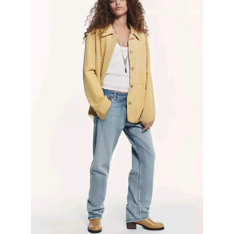 Autumn New Women's Casual Long Sve Pure Color PU Faux Nubu Leather Jaet Flip Collar Outerwear Commute Sle Loose Fit