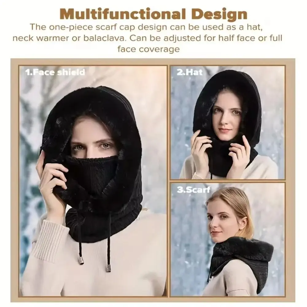 Simple Balaclavas Hat Fluff Hood Knitted Beanies Hat Neck Warmer Windproof Hooded Cap Male