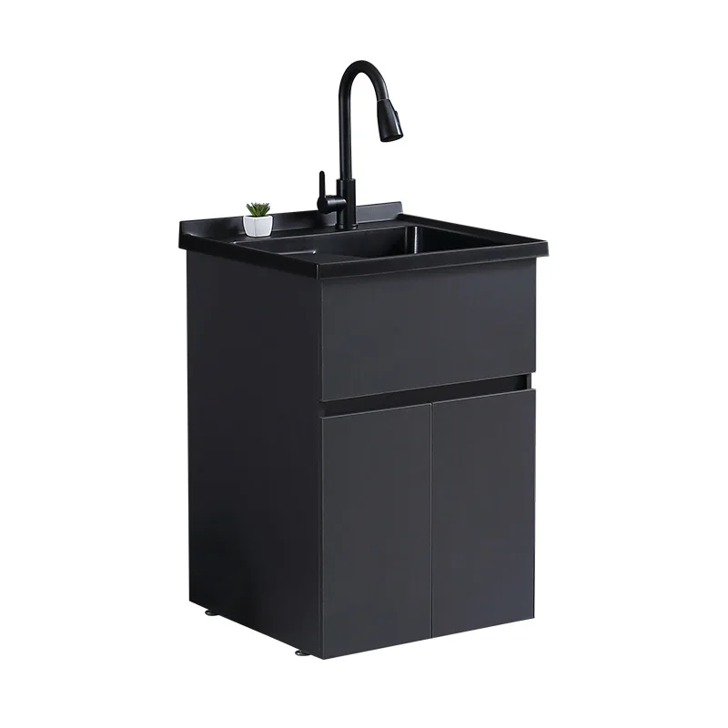 

Solid wood multi-layer paint-free laundry cabinet black balcony laundry pool with washboard quartz stone wash basin 304 faucet