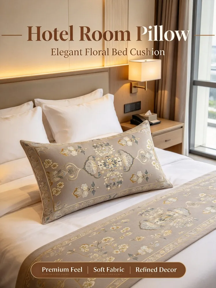 **Grey Beige Elegant Floral Lumbar Pillow Cover, Gold Blue Decorative Long Cushion Case, Soft Rectangular Pillow Cover for Sofa