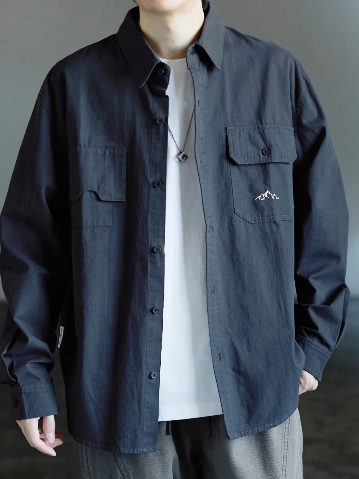 

Loose Fit Long Sve Cotton Men's irt Vintage Japanese Sle Autumn Casual Workwear ket Detail Breathable Outerwear