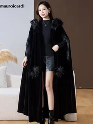 Mauroicardi Autumn Winter Extra Long Black Warm Flowy Velvet Cloak Women with Faux Fox Fur Trim Hood Luxury Maxi Goth Clothes