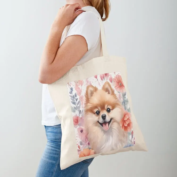 

Pomeranian puppy with flowers in watercolor Tote Bag shopper bag women cloth bag woman hand ladies Beach