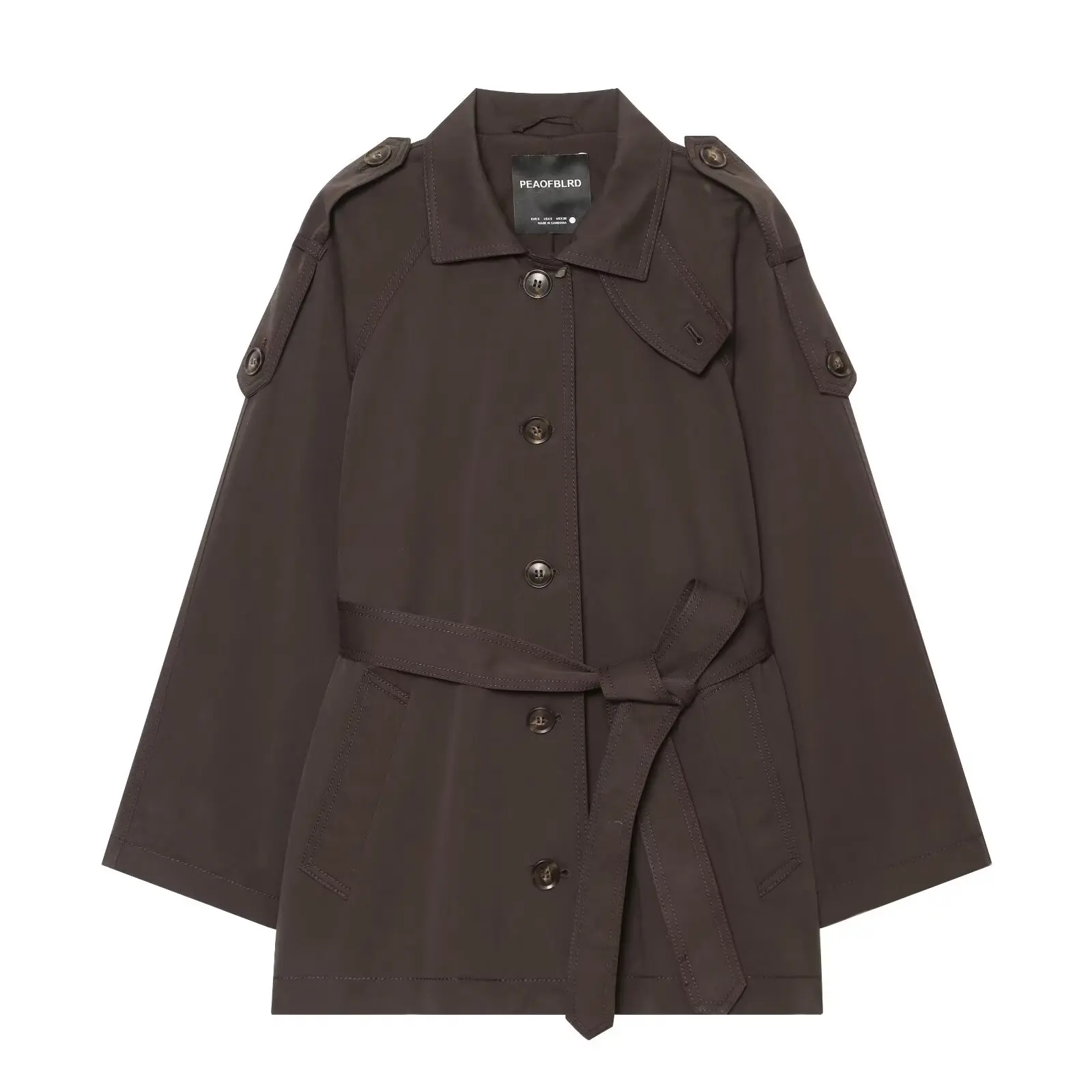 BSAY 2026 Minimalistischer Pendler-Damen-Kurzmantel mit Revers, Schulterklappen, Selbstbindegürtel, Lässige Langarm-Windjacke – Detail 2