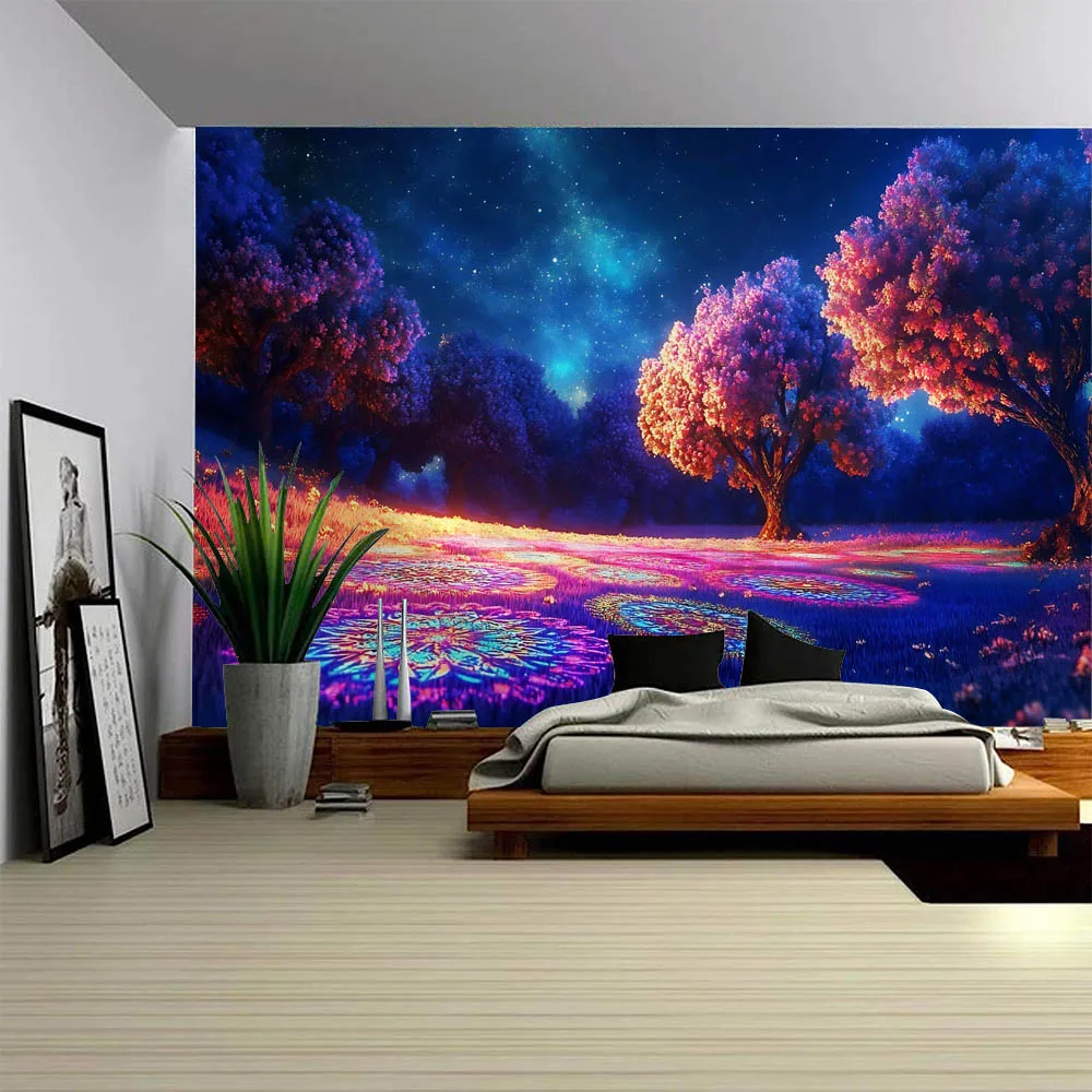 

Dreamy Landscape Tapestry, Fairy Tale Forest Art Wall Hanging, Flower Butterfly Pond Lotus Home Decoration Background Cloth