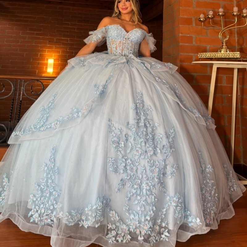 

Light Blue Shiny Ball Gown Quinceanera Dresses Applique Lace Beading Crystal Bow Tull Corset Off The Shoulder Sweet 16 Dress