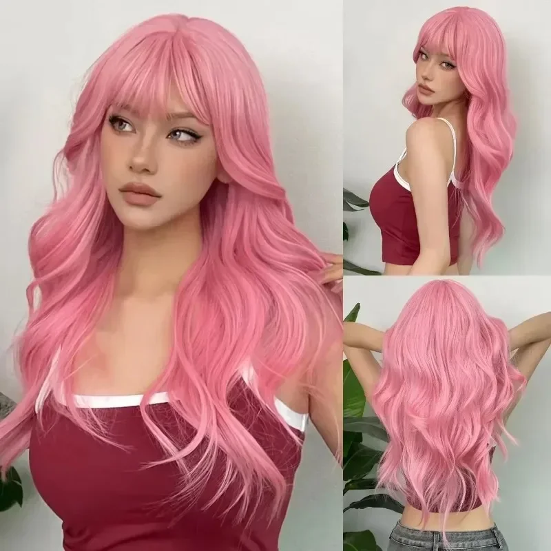 

Woman Wigs Light Pink Synthetic Hair Wigs Long Wavy Natural Hair Wig with Bangs for Women Cosplay Lolita Wig Heat Resistant